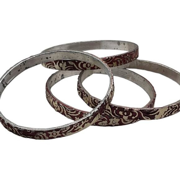 Set Of 4 Vintage Style Silver & Red Floral Pattern Bangles Bracelets - Picture 5 of 9